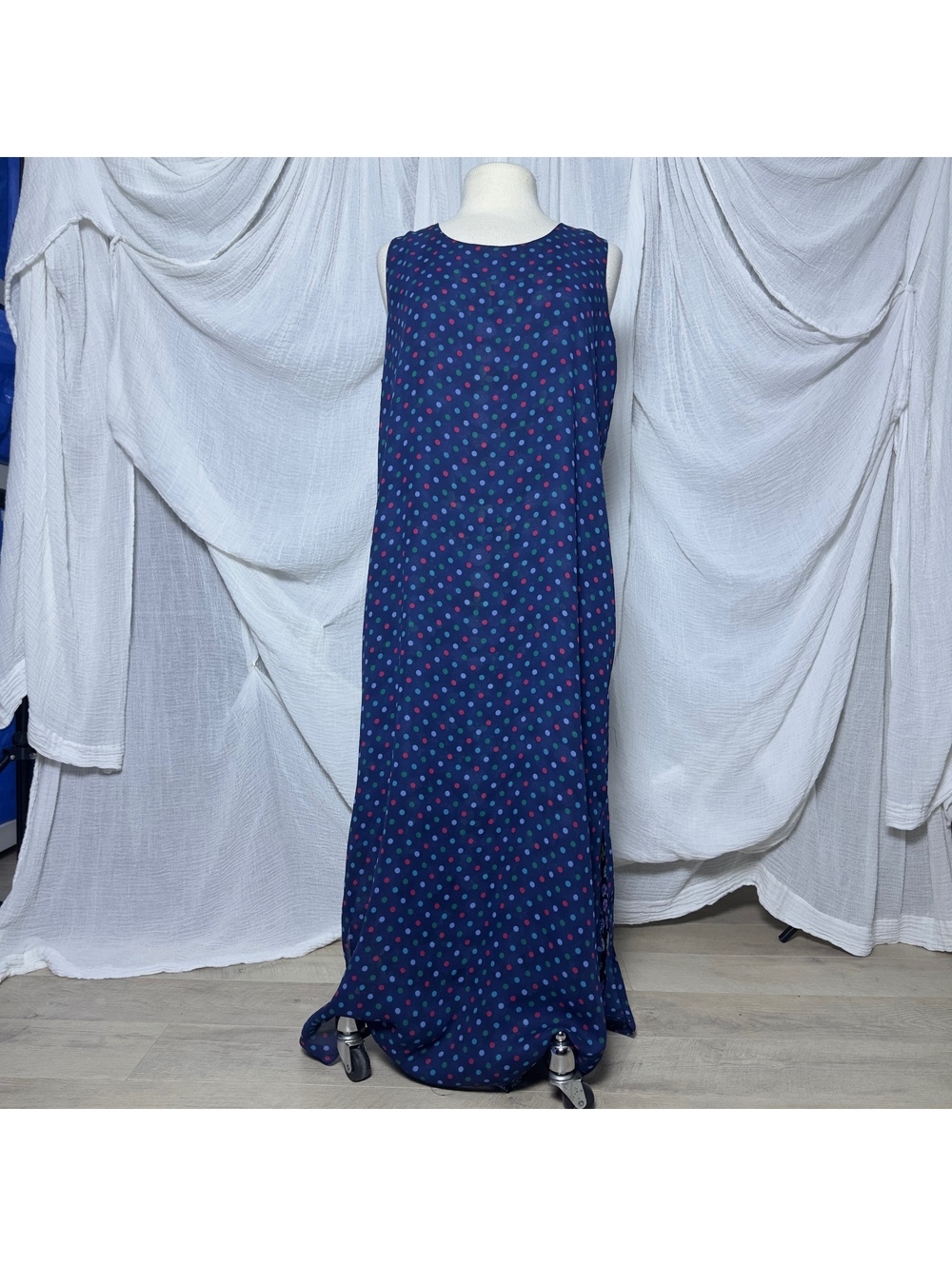 Vintage Reversible Navy Blue Sleeveless Maxi Dress with Polka Dots